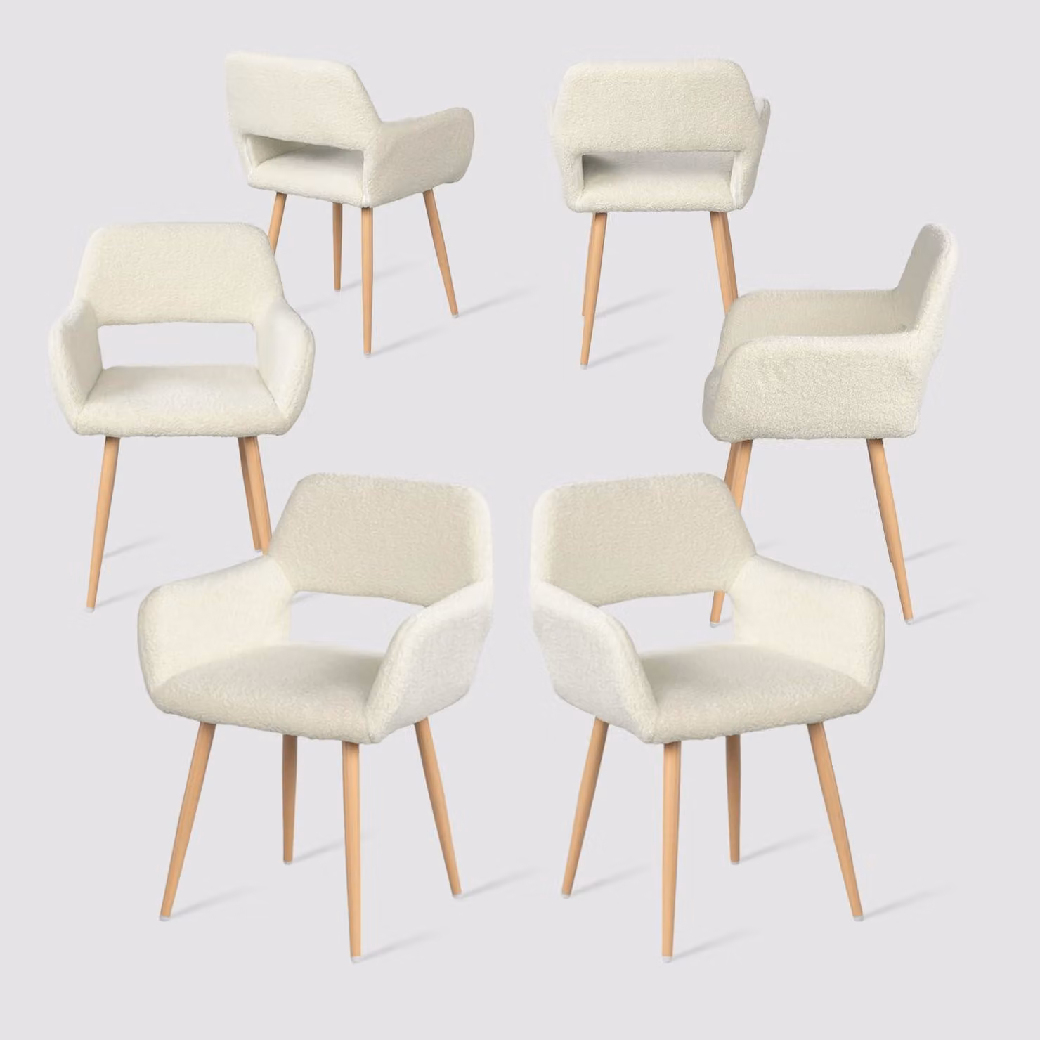 Set di 6 sedie da pranzo, rivestite in tessuto bouclé bianco, con gambe in metallo, dimensioni 46x44x78 cm