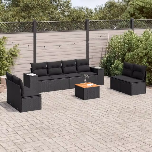 Set Divani da Giardino 9 pz con Cuscini Nero in Polyrattan 3257735