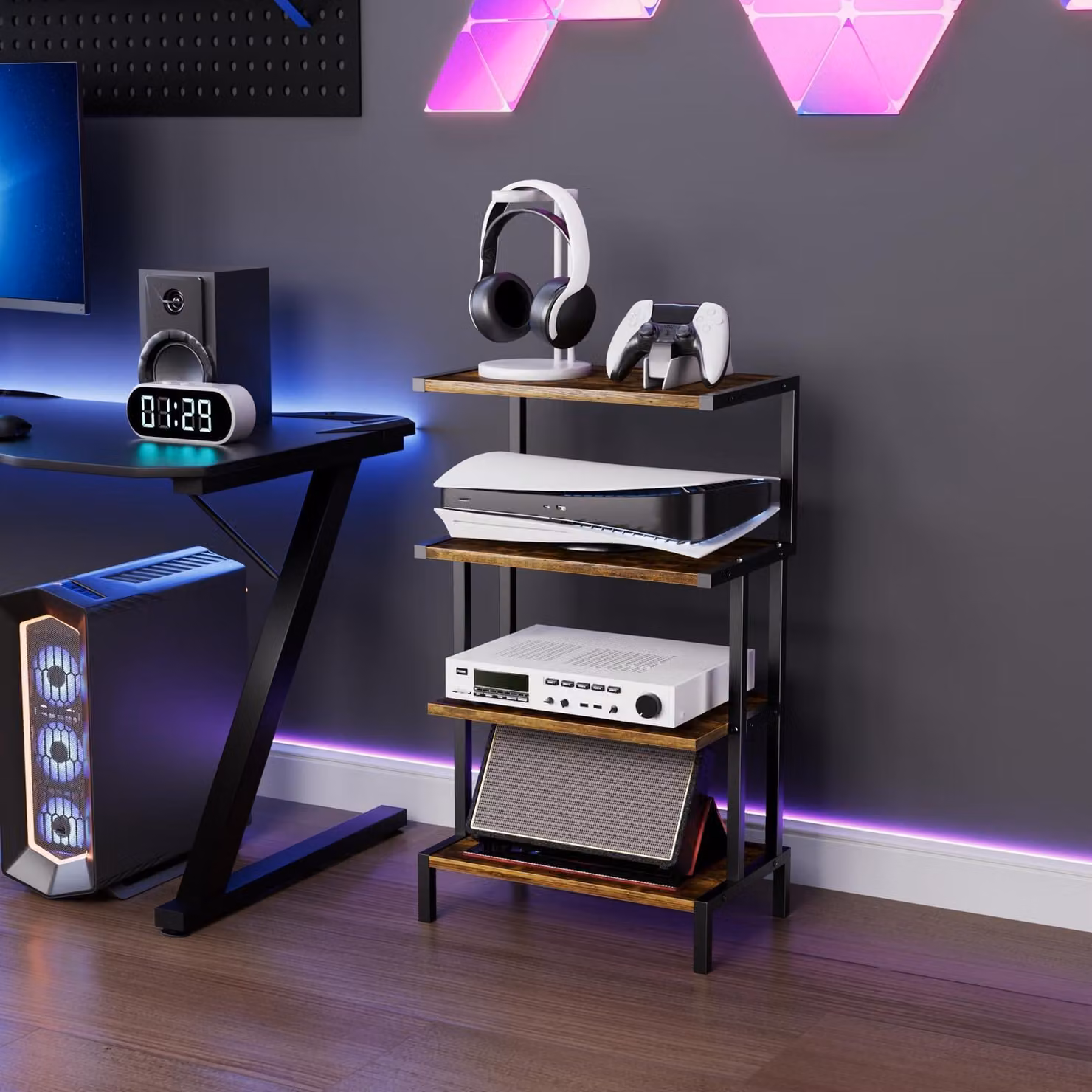 Omgoods - Mobile porta TV a 4 ripiani in legno e acciaio per apparecchiature audio