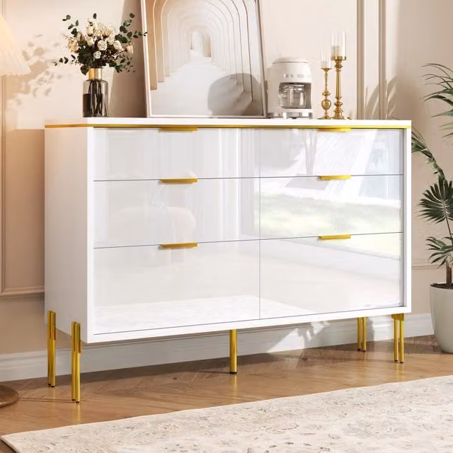 Credenza Moderna con 6 Cassetti ¨C Xylo ¨C Bianco Lucido e Oro, Soggiorno e Ingresso