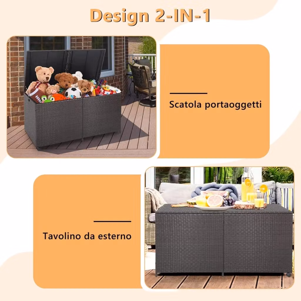 Costway Baule da Giardino e Panca Contenitore in Rattan Marrone da 662L con Ruote, L/P/H: 150 x 77 x 73 cm – 2