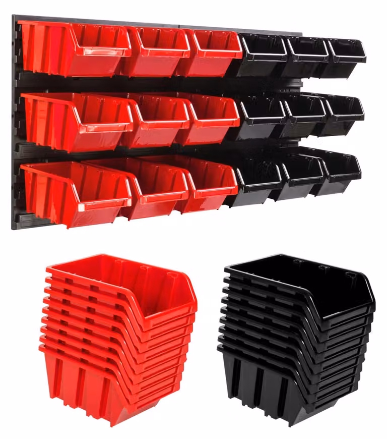 Pannello portattrezzi - Sistema di stoccaggio per officina - Organizzazione a parete per garage - 18 contenitori portaoggetti - 772 x 390 mm
