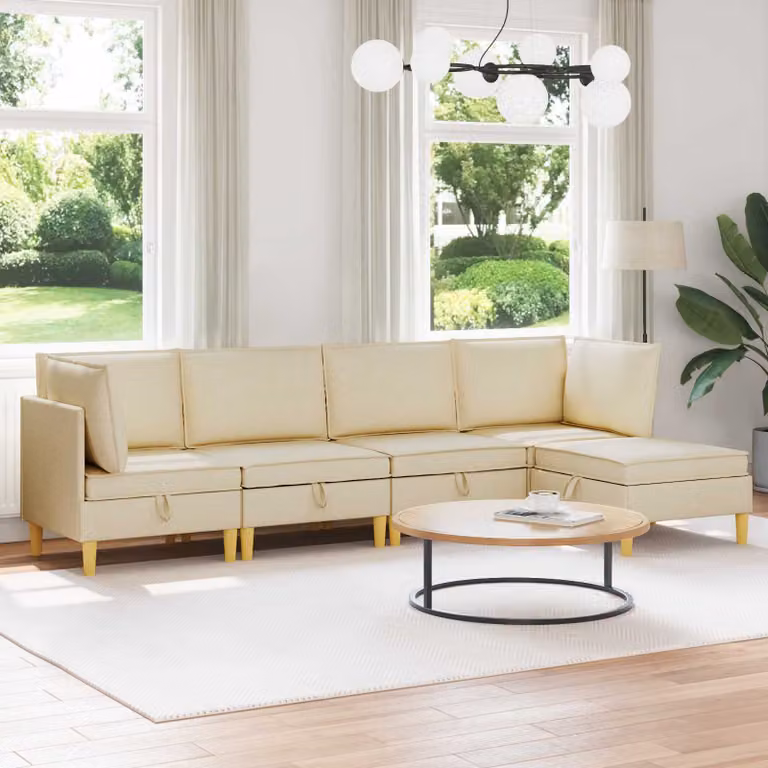 Set di divani modulari vidaXL in tessuto beige con spazio di archiviazione, design moderno a L per soggiorno, 5 pezzi