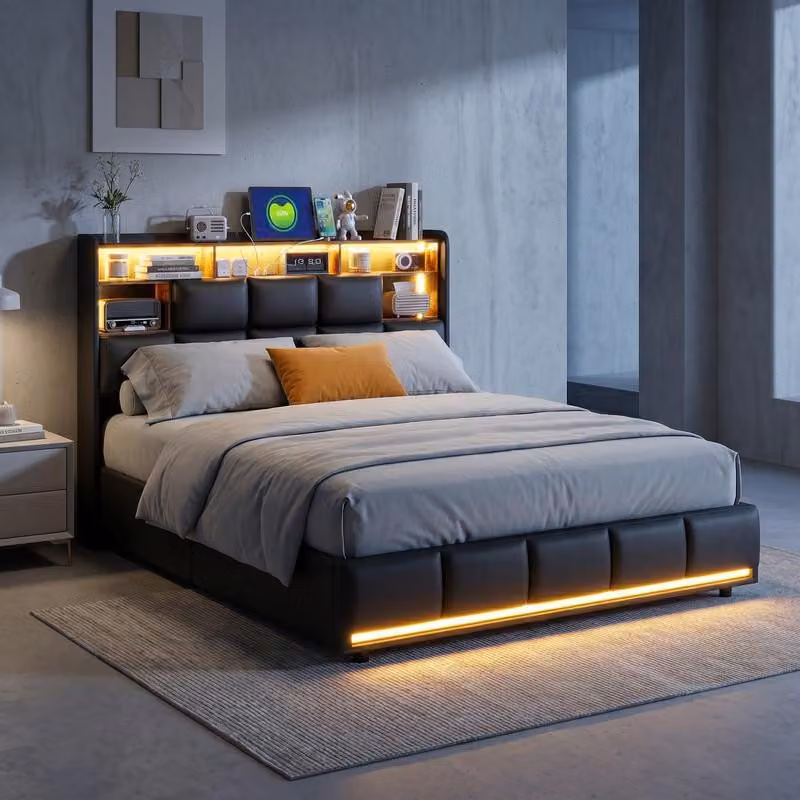 ProximaX: struttura letto inPoliuretanonero 140x200 cm con vano portaoggetti idraulico, testiera con vano portaoggetti, LED RGB e stazione di ricarica USB