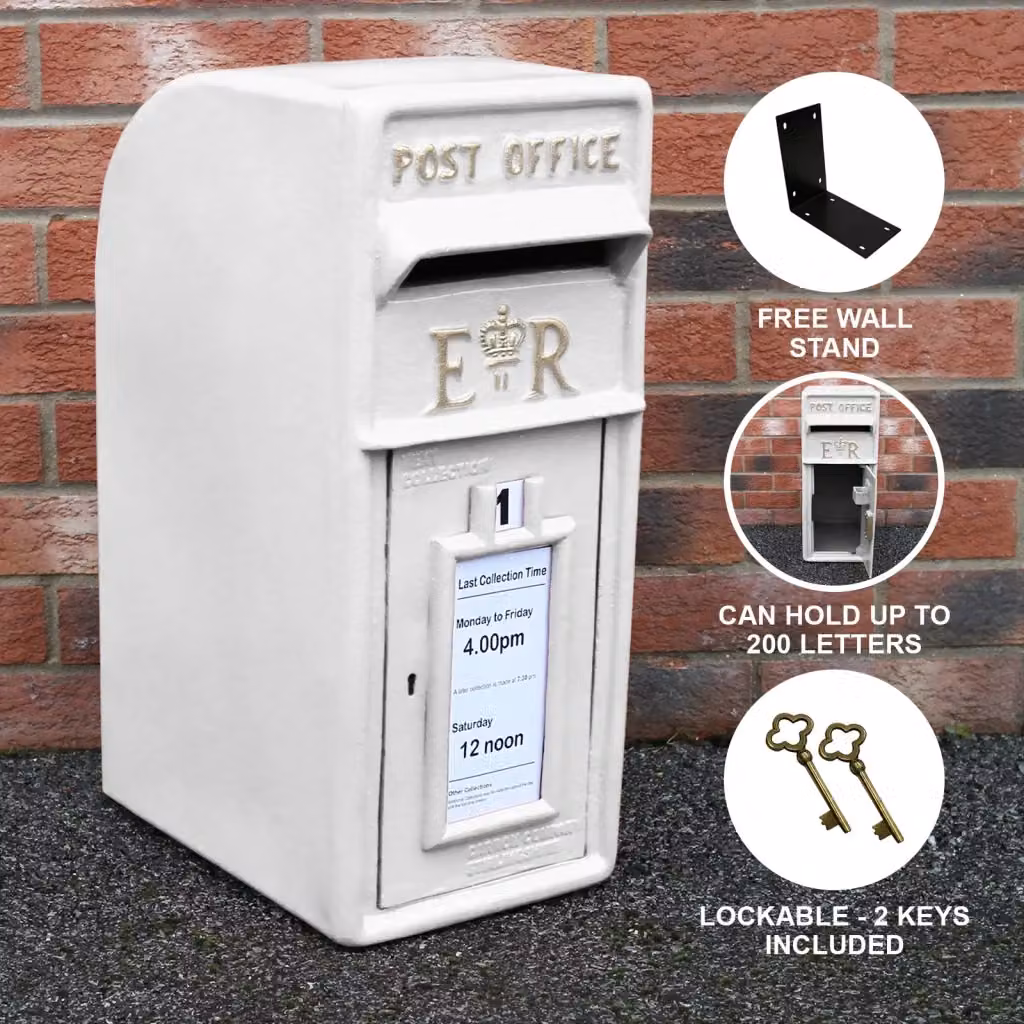 Cassetta postale da esterno in ghisa stile britannico MONSTER SHOP, modello a parete, colore bianco, H: 37,0 cm, L: 24,0 cm, P: 16,2 cm – 2