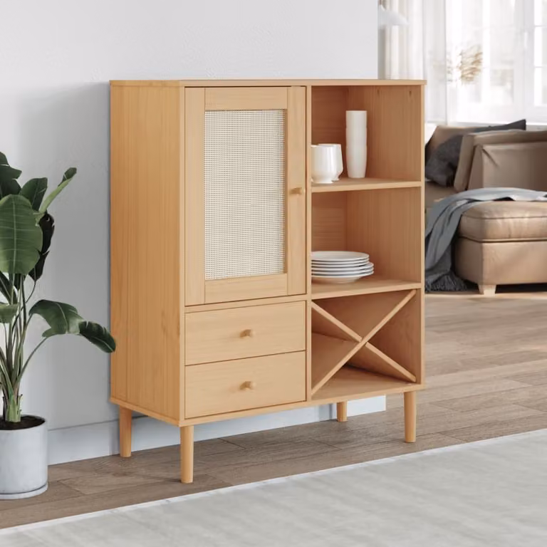 Credenza vidaXL SENJA in legno di pino massello con aspetto rattan marrone L 90 cm, P 40 cm, H 112 cm