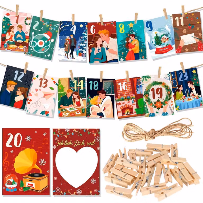 Calendario dell'Avvento per coppie 2026 con 24 bigliettini "Ti amo perché...", mollette di legno e spago