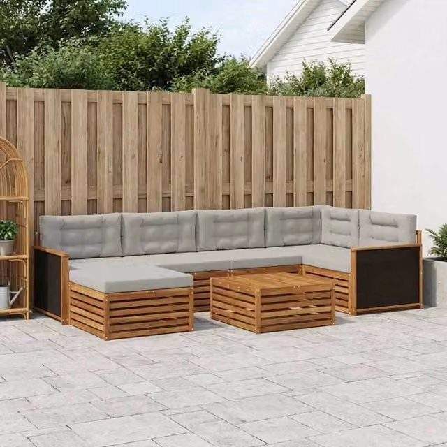 Set di divani da esterno vidaXL in legno di acacia con pouf e tavolino, beige e grigio
