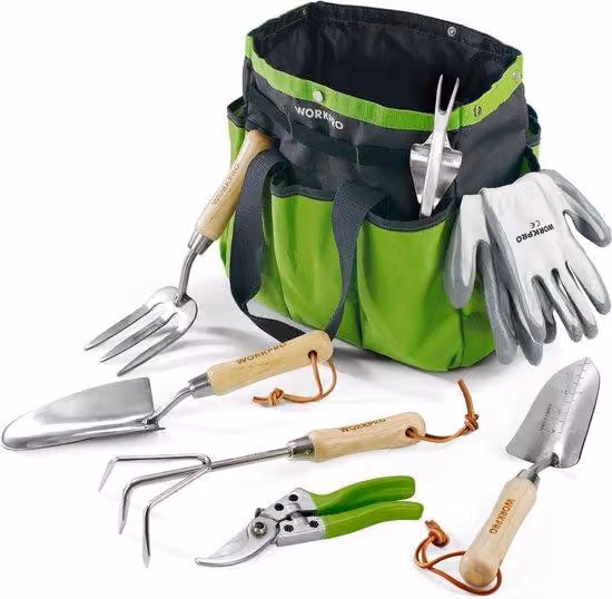Set di attrezzi da giardino Unyqoos® 8-in-1: set di utensili da giardino in acciaio inossidabile con borsa per il trasporto, pala da giardino con manico in legno, cesoie da giardino SK5, rastrello, zappa, guanti senza lattice