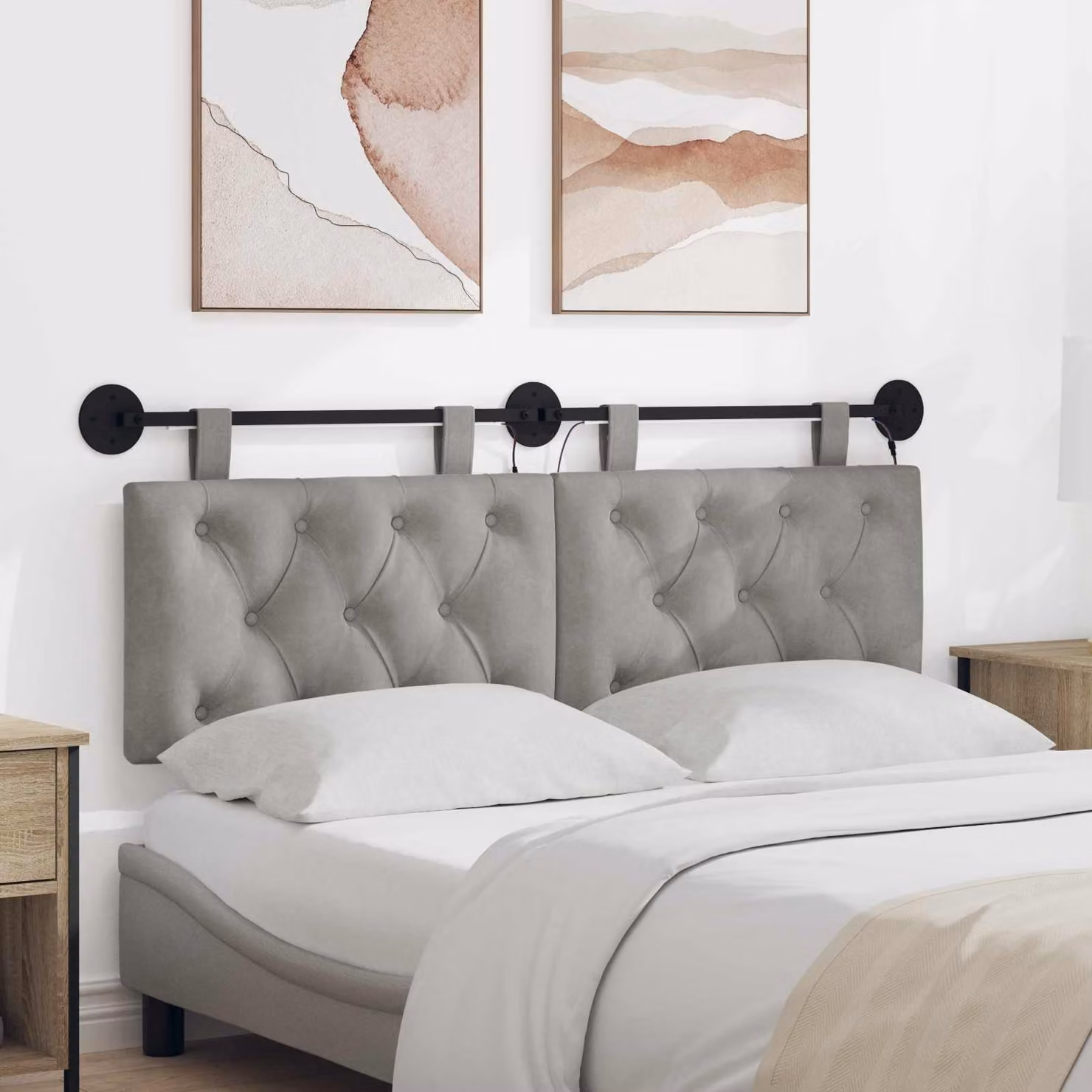 vidaXL Testiera del letto sospesa in velluto grigio con illuminazione integrata L: 130 cm, H: 55 cm, P: 7 cm