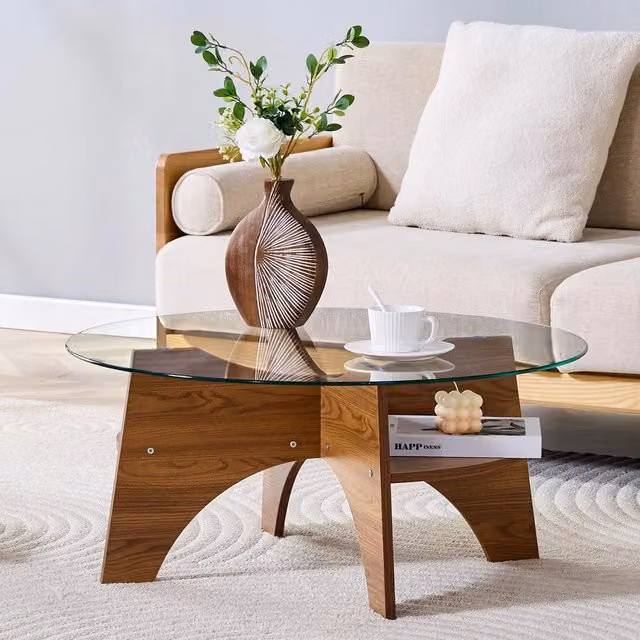 Tavolino Rotondo MINIMAL con Piano in Vetro Temperato Trasparente e Gambe in MDF Effetto Noce, Diametro: 80 cm
