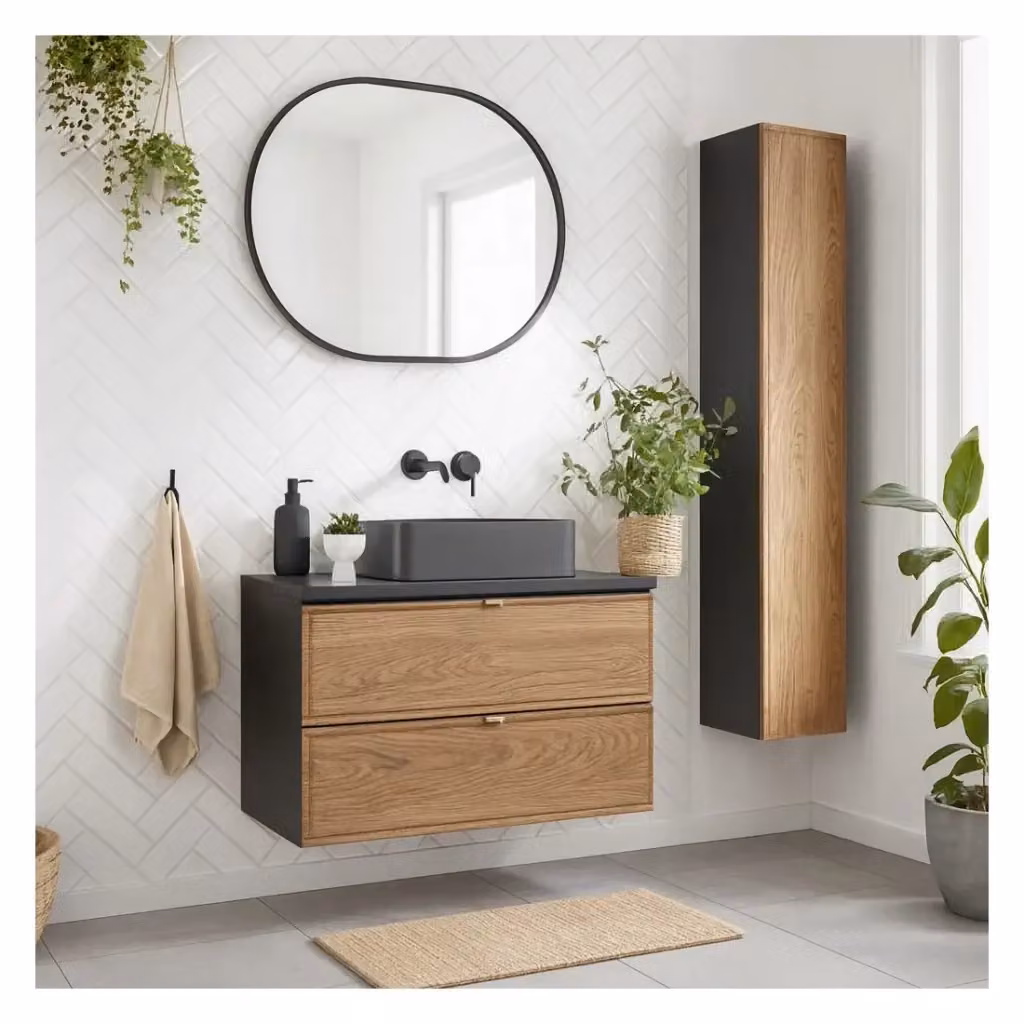 Set SAVIA Meublorama: mobiletto sottolavabo da 80 cm con lavabo da appoggio, colonna di storage e specchio con illuminazione LED – 2
