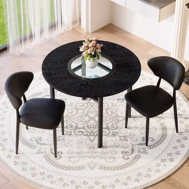Tavolo rotondo 100 cm nero MDF e vetro; set con 2 sedie