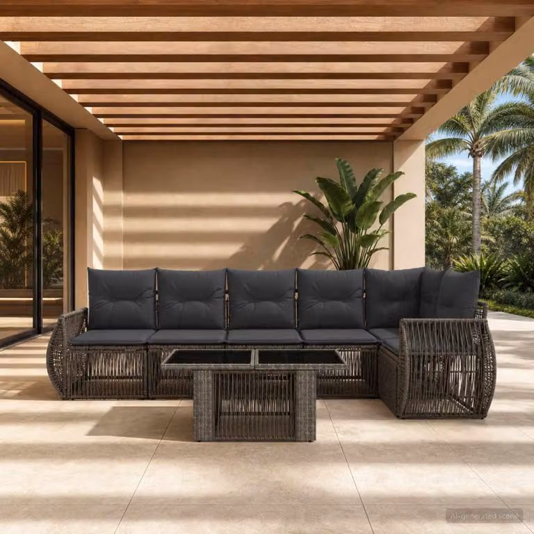 Set Divano da Giardino vidaXL 7 pz in Polyrattan Grigio e Antracite con Tavolino e Cuscini