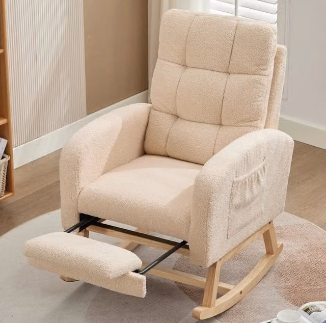 Poltrona a dondolo ergonomica con tasca laterale in bouclé beige
