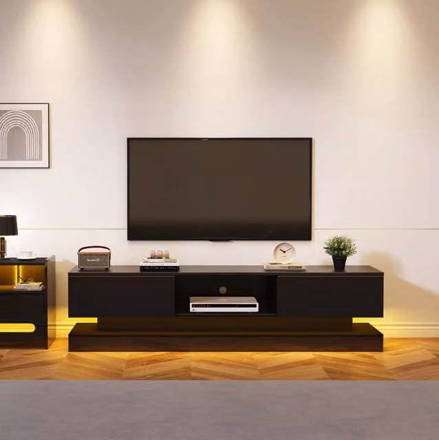 Mobile TV ULEVR 160x35x40,5 cm nero lucido con LED RGB via app, 2 cassetti e passacavi