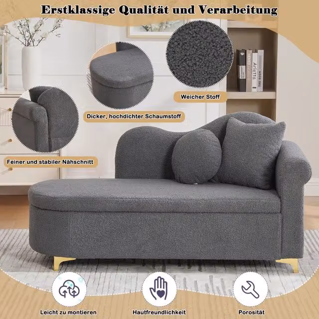 Chaise Longue Minimal con Contenitore e Funzione Letto in Tessuto Bouclé Grigio con Cuscini L: 134 cm, P: 70 cm, H: 64 cm – 1