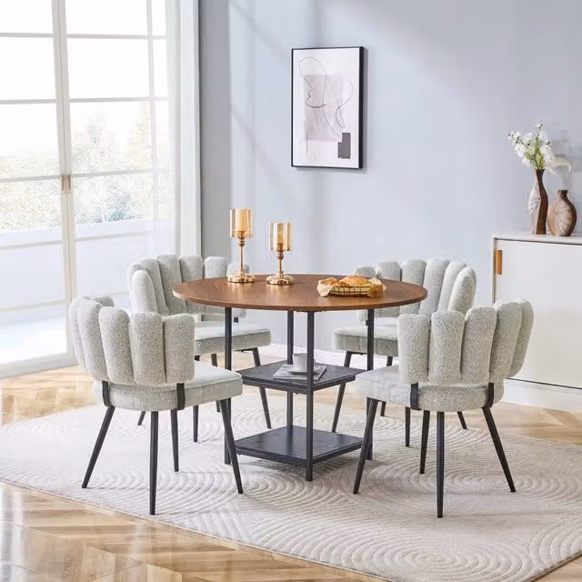 Set tavolo e 4 sedie da pranzo 107 cm con doppio ripiano in MDF effetto noce e metallo nero beige chiaro