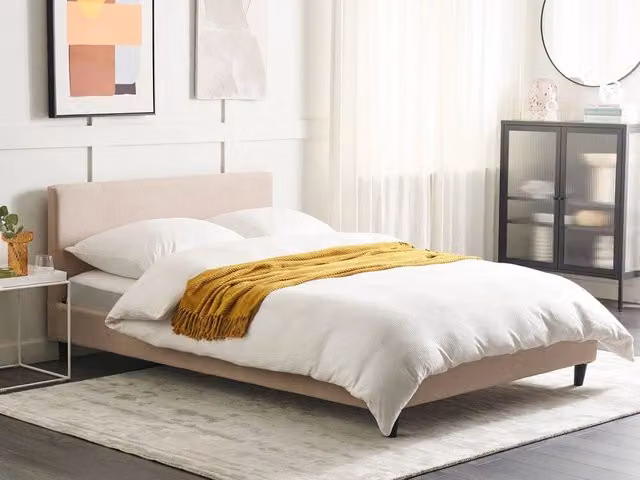 Letto matrimoniale in tessuto beige con rete a doghe 140 x 200 cm stile contemporaneo