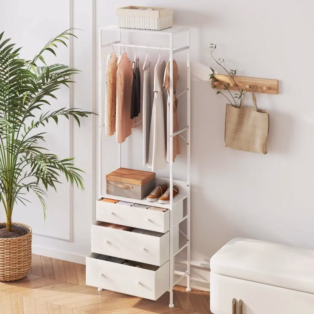 Appendiabiti con cassetti e asta appendiabiti DESIGN IN per ingresso o camera da letto, armadio autoportante in metallo e MDF, Bianco opaco, H: 176 cm, L: 55 cm, P: 28 cm – 2
