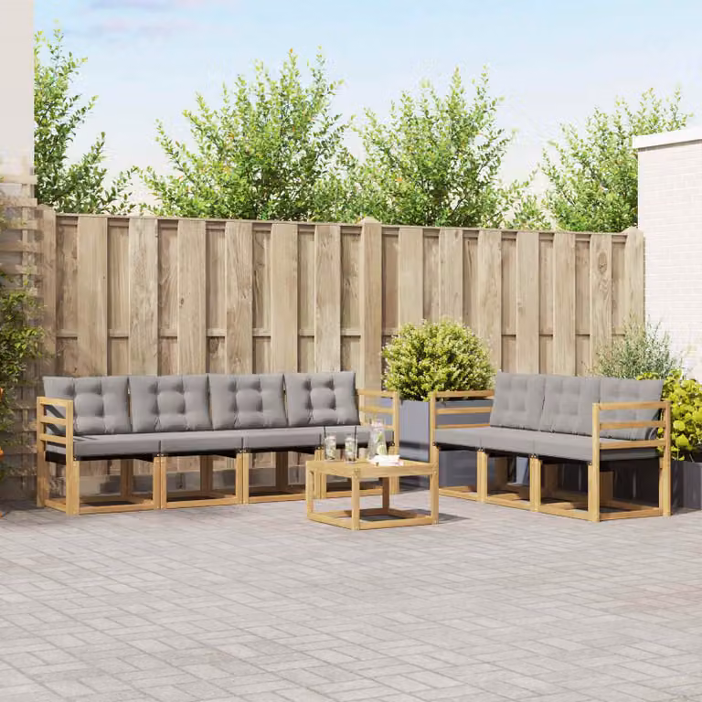 Set di divani da esterno vidaXL 8 pz in legno di acacia con tavolino e cuscini, Bianco e Grigio