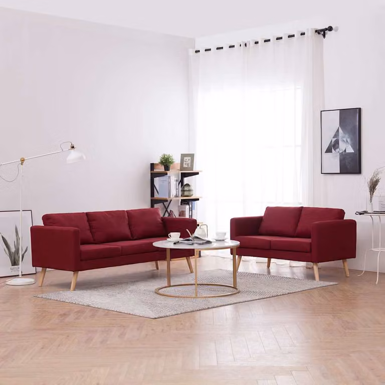 Set di divani vidaXL in tessuto rosso con struttura in legno massiccio per soggiorno, composto da un divano a 2 posti e un divano a 3 posti con cuscini inclusi