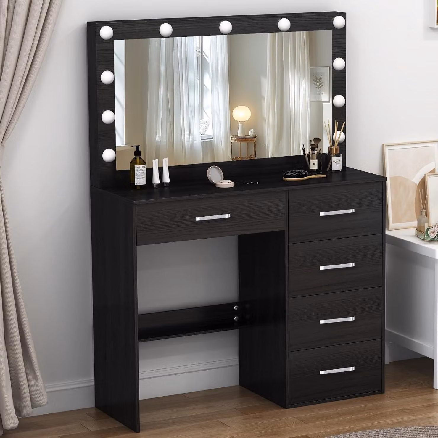 Ampio tavolo da toilette con illuminazione a LED, 3 temperature di colore, nero
