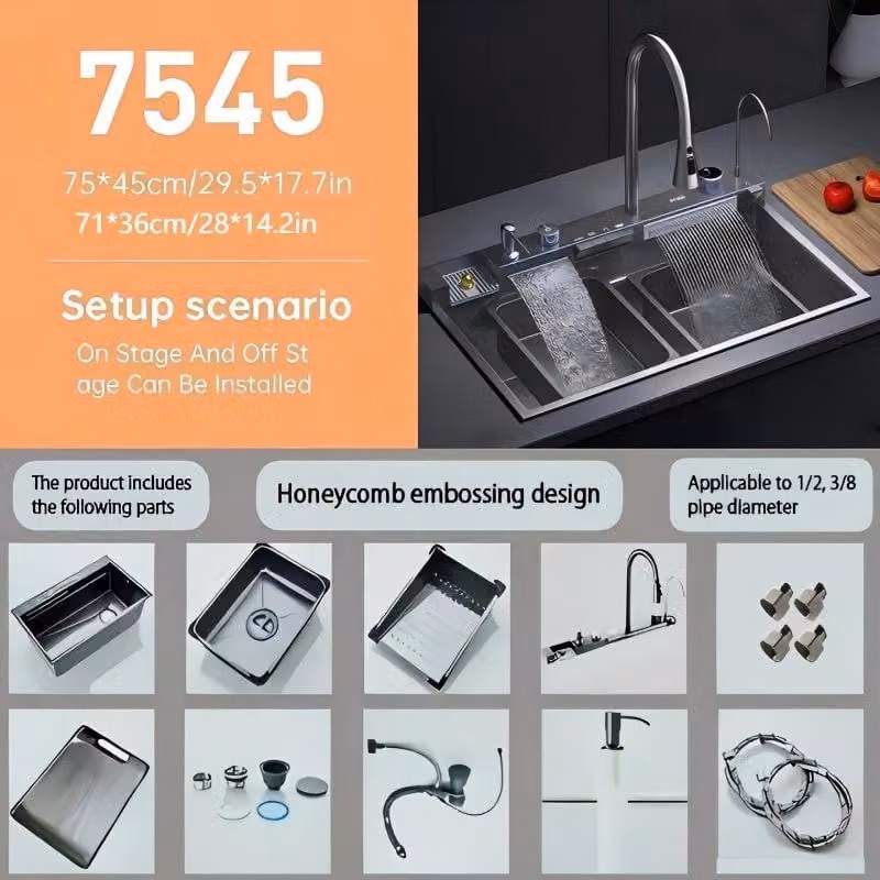 Lavello da cucina - Acciaio inossidabile, 75x45 cm - Miscelatore a cascata digitale - Scarico a destra - Lavello singolo