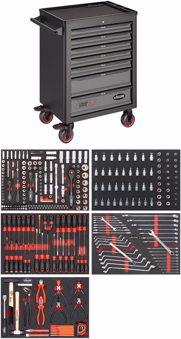 Carrello da officina VIGOR Serie L con assortimento di 344 pezzi V4560