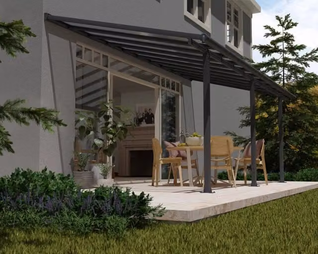 Pergola addossata Palram Olympia in alluminio e policarbonato grigio 3 x 6,2 m