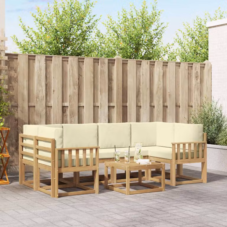 vidaXL Set di divani da esterno a L in legno di acacia con tavolo da caffè, 7 pezzi, Bianco, Beige e Marrone
