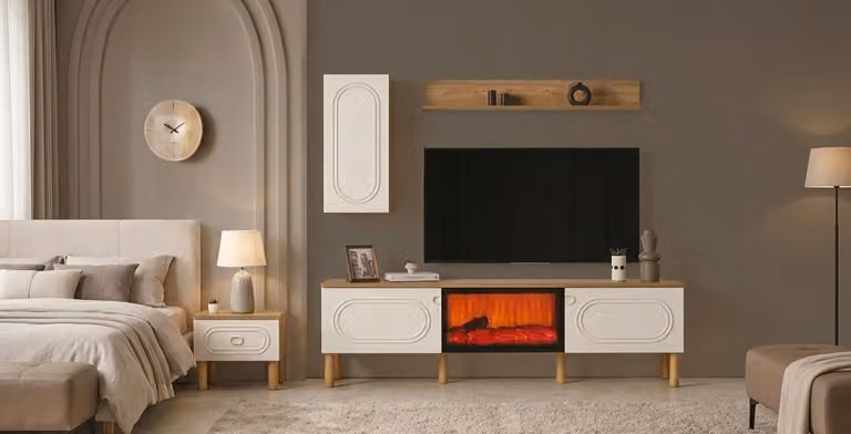 Mobile TV a parete, pensile, ripiano, stile moderno, beige, spazioso