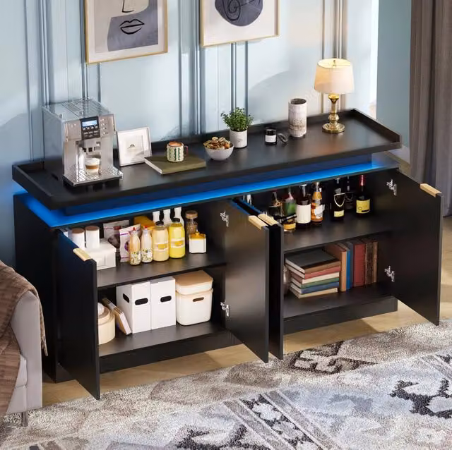 Sideboard in MDF con illuminazione LED, 160x39x83 cm, 4 porte, per soggiorno e sala da pranzo