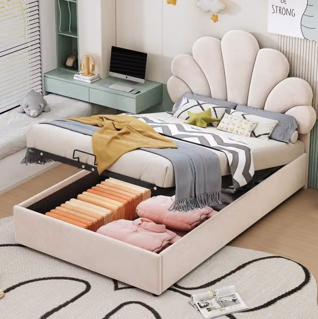 Letto imbottito 90x200 cm beige con contenitore idraulico e testiera floreale