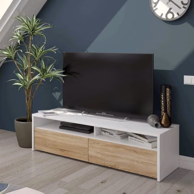 Mobile porta TV Ahuri DMORA, Credenza moderna per soggiorno con 2 ante, Bianco lucido, L: 130 cm, P: 40 cm, H: 36 cm