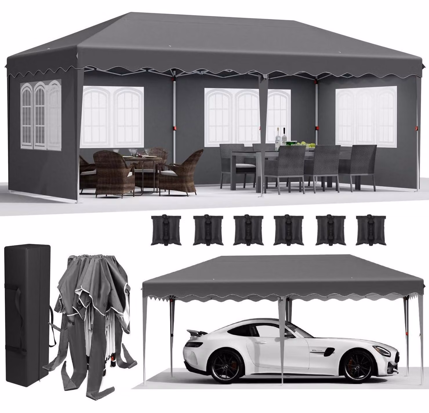 Tenda da campeggio 3x6 metri, grigia, con 4 pareti laterali, impermeabile, realizzata in tessuto Oxford 420D, anti-UV 50+, inclusa borsa per il trasporto
