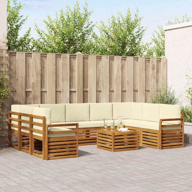 Set di divani da esterno vidaXL a forma di U in legno di acacia con cuscini, colore beige, bianco e marrone