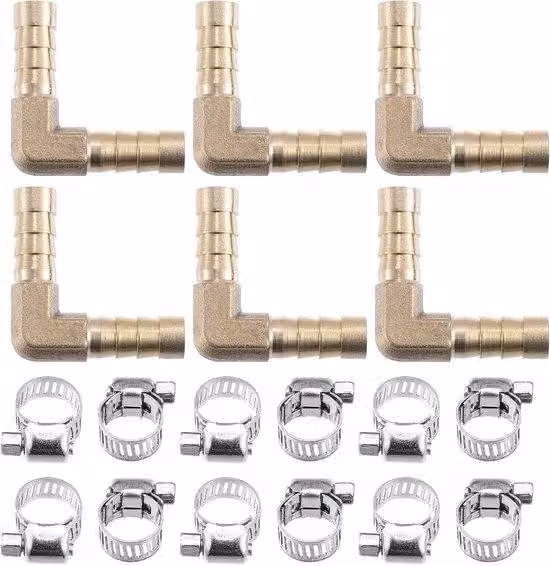 Set di tubi flessibili in ottone a forma di L a 6 sezioni con raccordi Barb e fascette a vite