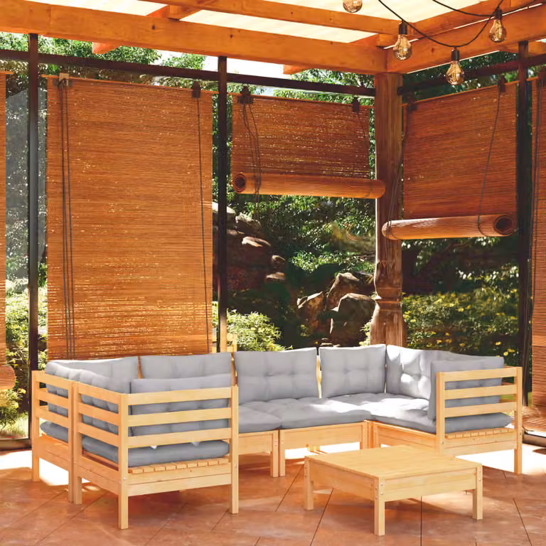 The Living Store Set da salotto da giardino 7 pezzi con cuscini grigi in legno di pino