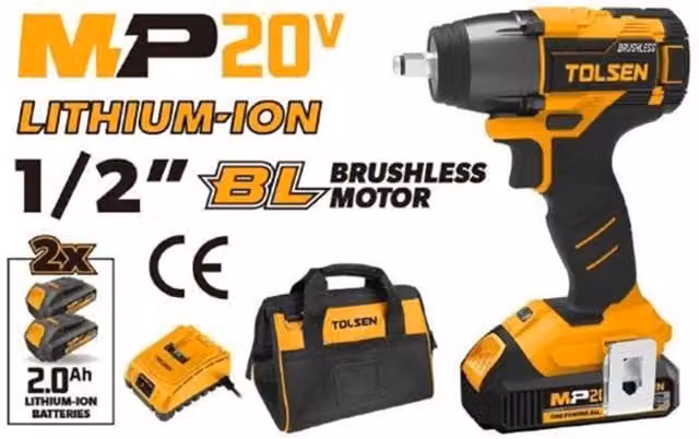 Avvitatore a impulsi brushless a batteria Tolsen 20V con 2 batterie da 2Ah, 1/2" 300Nm, colore giallo – 1
