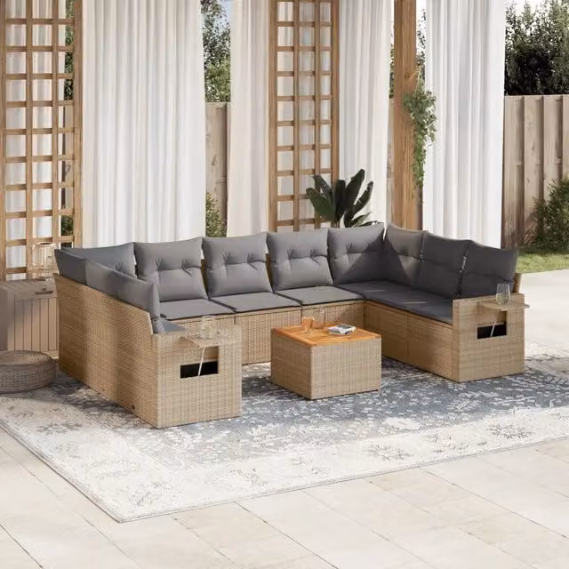 Set Divano da Giardino Moderno VIDAXL in Polyrattan con Cuscini Beige, 10 Pezzi, Forma a L – 1