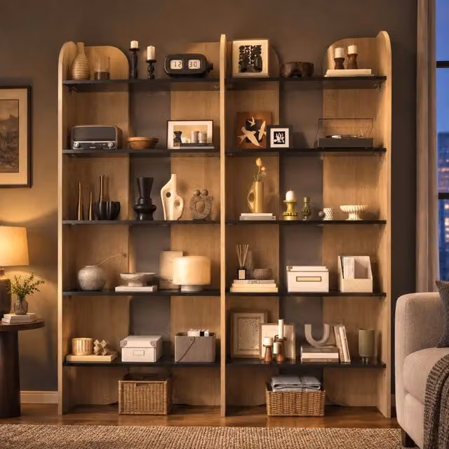 Libreria ULEVR 135x25x160 cm a 5 ripiani aperti con divisori centrali, pannello truciolare naturale e nero