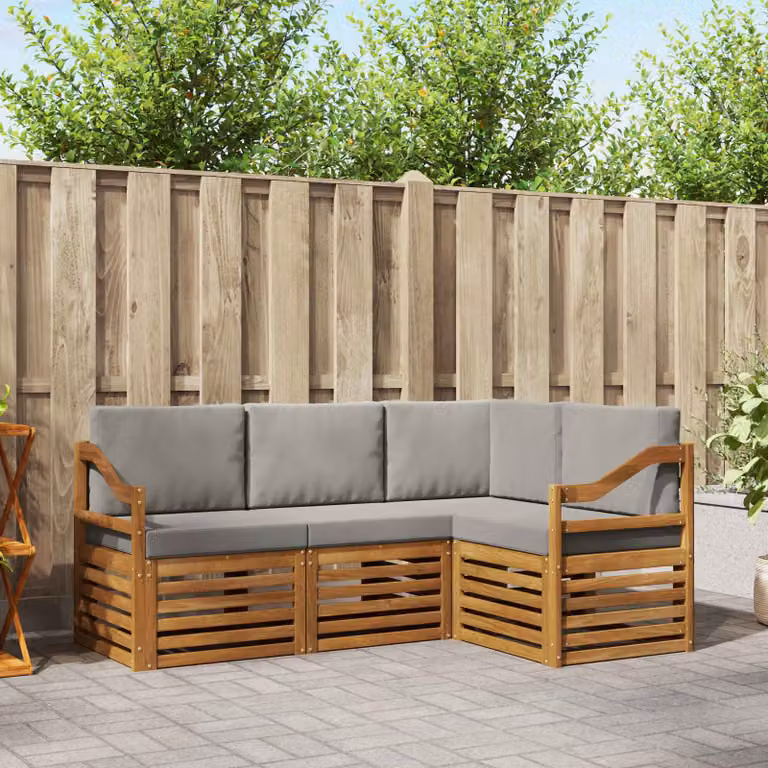 Set di divani da esterno vidaXL a forma di L in legno di acacia con cuscini, beige e grigio