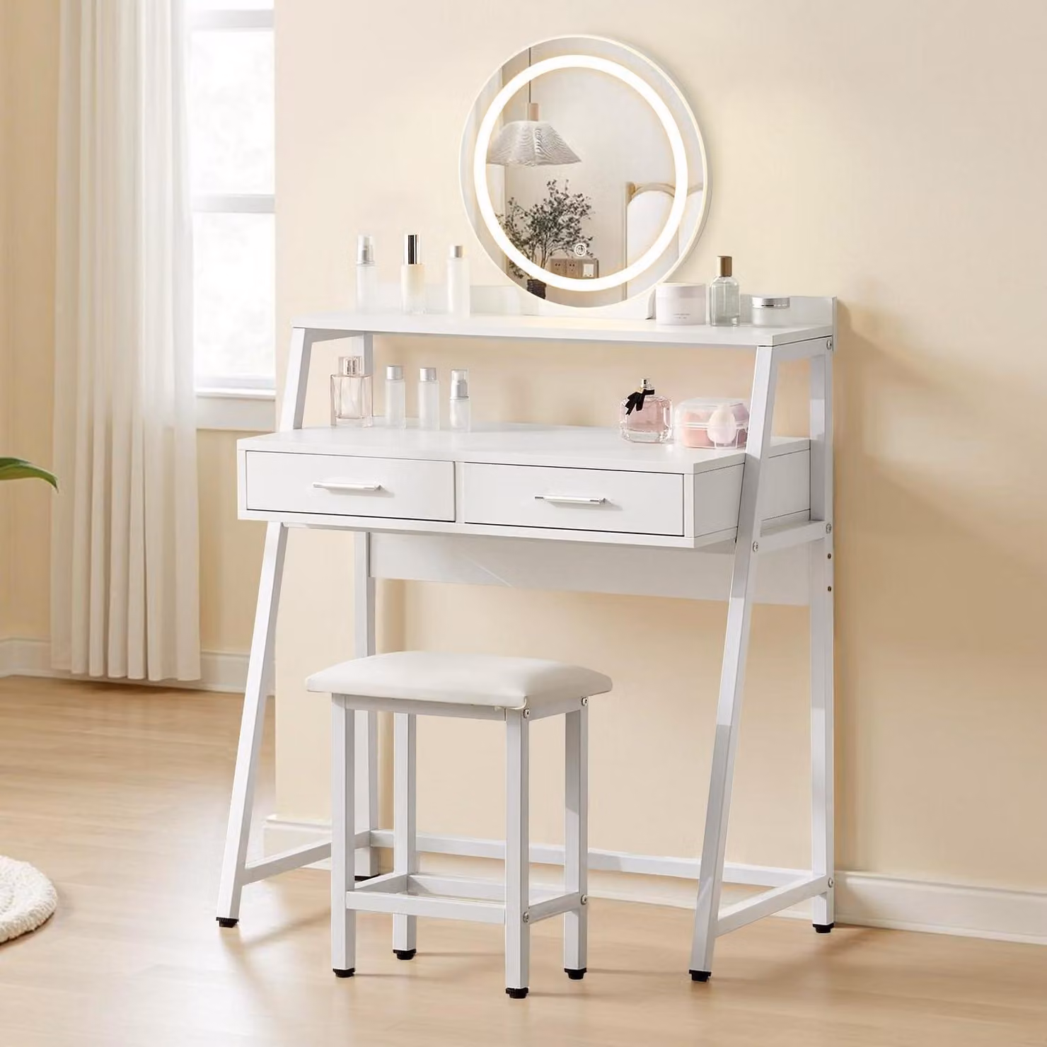 Comò da trucco con specchio a LED e sgabello, dimensioni 80x40x134 cm, colore bianco