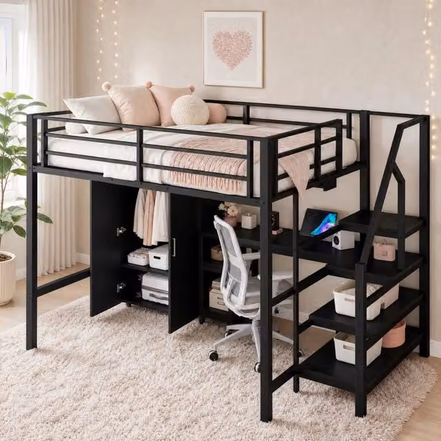 Letto a soppalco 140x200 cm con scrivania; armadio; scaffali e scala contenitore in metallo nero