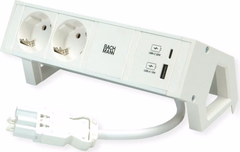 BACHMANN DESK2 ALU WHITE 2x contatto di terra, caricatore USB 22W A&C, 0,2m GST18