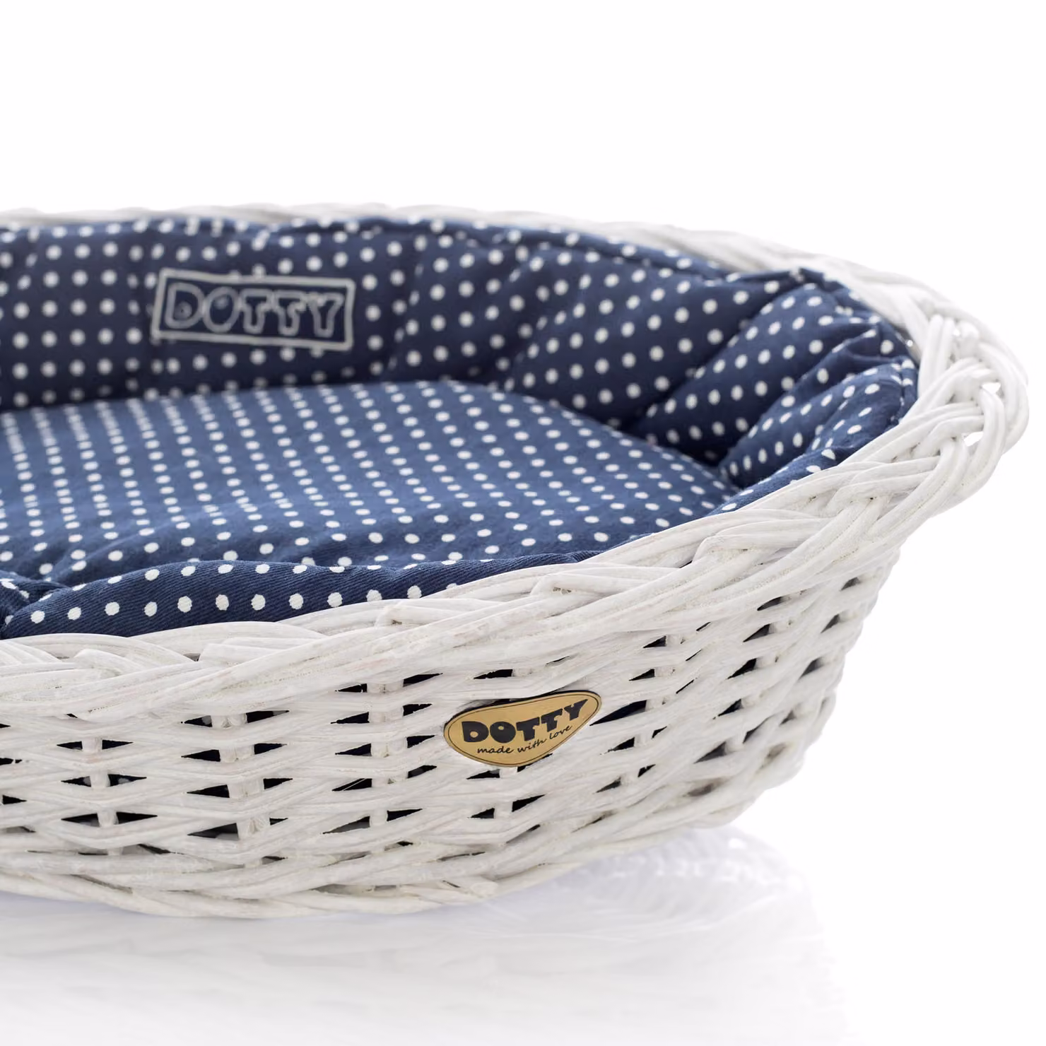 Cesto in vimini bianco sbiancato per cani Cesto Wiki con cuccia in cotone - Blu navy a pois bianchi - DOTTY