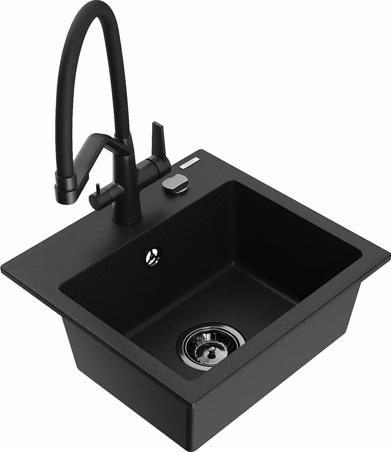 Mexen Milo lavello da cucina in granito a 1 vasca con rubinetto Duo, nero - 6505-77-671701-70-B