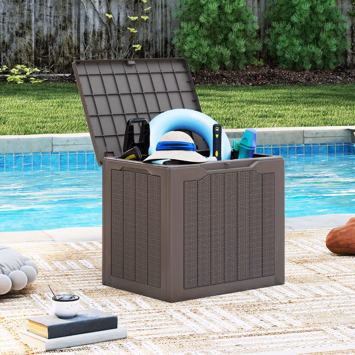 Contenitore da esterno Costway in rattan marrone con coperchio bloccabile da 25 galloni per terrazzo e giardino
