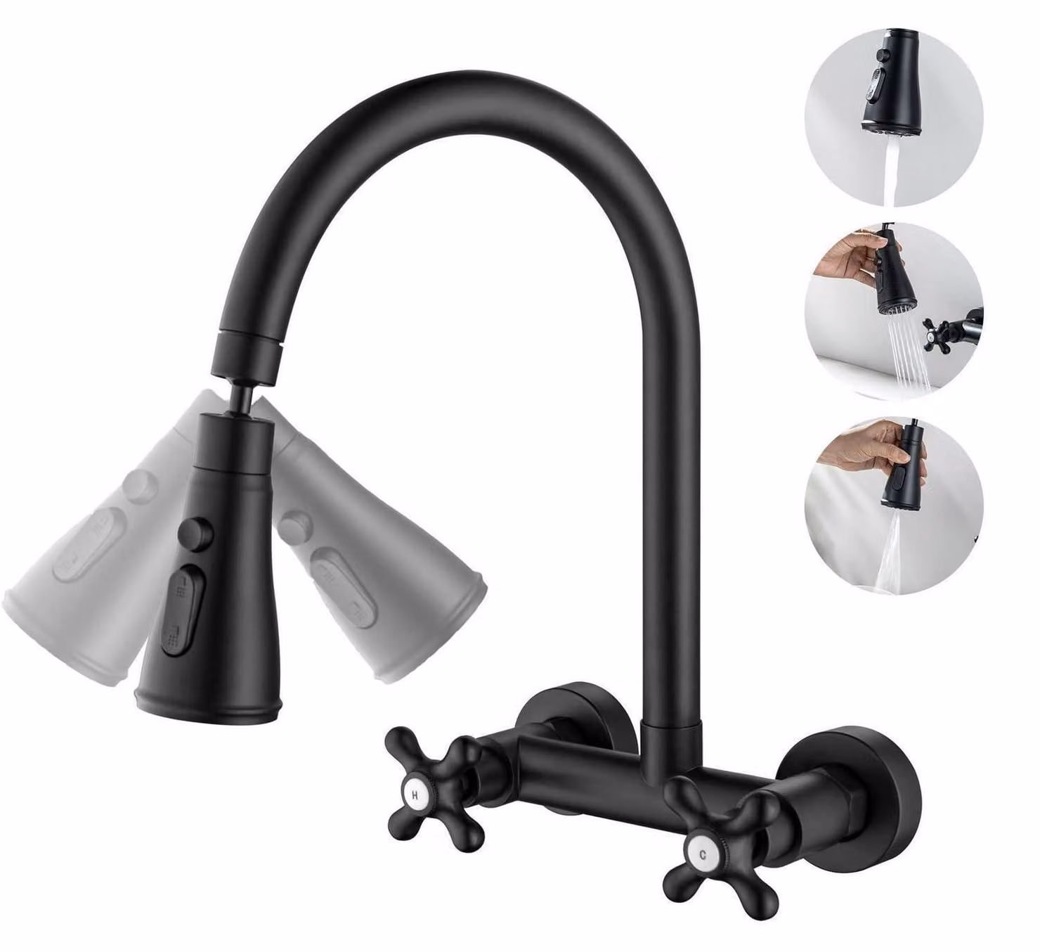 Miscelatore da cucina a parete, nero opaco, con rotazione a 360° e 3 tipi di getto, altezza 27 cm